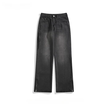 American Niche Half-zip Plyšiniai džinsai Vyriški madingi prekės ženklo gatvės skalbiniai Laisvi laisvalaikio universalūs Tiesios džinsinės kelnės Vyriški drabužiai