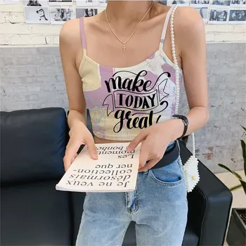 New Sexy Crop Top Funny Colorful Letters Printed Summer Women's Sexy Elastic Rib Fabric Sleeveless Short Tank Top Women's Sling