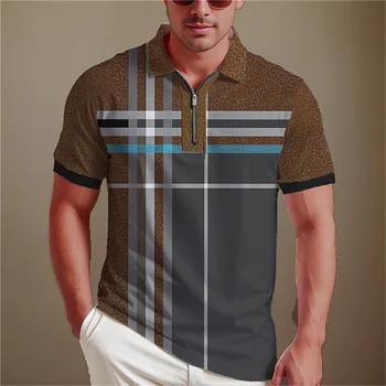 3d Stripe Polo Vyriški marškiniai su užtrauktuku Fashion Zip Up Man marškinėliai trumpomis rankovėmis Atlapai Vyriški megztiniai Tee Casual Džemperis Didelis dydis Viršus