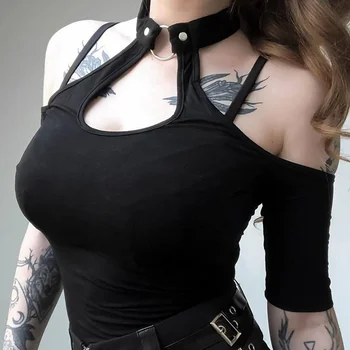 Moterys seksualios lieknos viršutinės palaidinės apyrankės nuo pečių be nugaros gilios V kaklo vienspalvės juodų marškinių viršūnės 2023 m. punk gotikiniai drabužiai