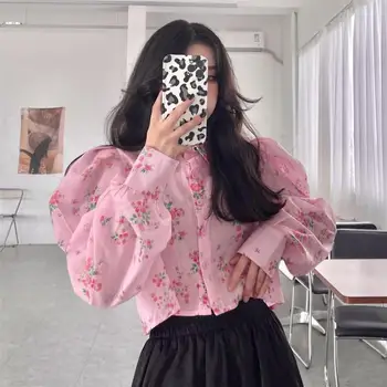 Sweet Cool Girl Small Floral Age Reduction Pink Shirt Spring and Autumn 2022 New Bubble Long Sleeve Short Waist Top Tide