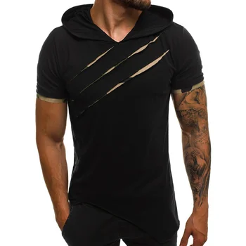 MRMT 2023 Visiškai nauji vyriški marškinėliai su gobtuvu Sulaužytas varinis kamufliažas Asmenybės fitnesas Plisuotas trumpomis rankovėmis vyrų viršus