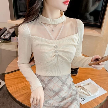 Girl marškinėliai ilgomis rankovėmis tuščiaviduriai OL smėlio spalvos moteriško audinio tanko viršus Ribber Megztas tankas Megztos viršūnės Korėjos crop džiazo drabužių palaidinė