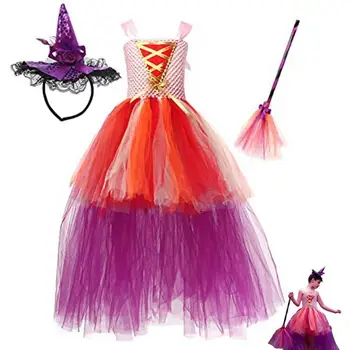 Violetinė raganos suknelė Tutu suknelė be rankovių su skrybėle Cosplay kostiumas Tiulio suknelė Aukšta žema violetinė suknelė sceniniams pasirodymams