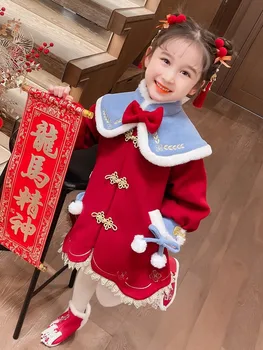 Naujųjų metų drabužiai Mergaičių raudonas vilnonis paltas Žiemos kinų stilius Vaikų mergaitė Kinų Naujųjų metų šventė Džiaugsmingas Tangzhuangas