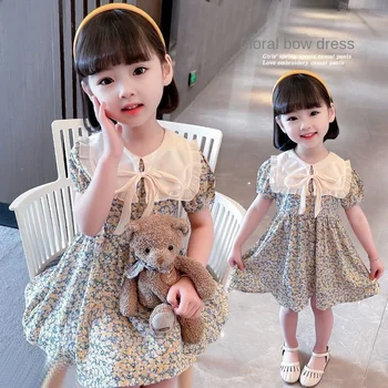Princesės suknelės Drabužiai trumpomis rankovėmis Vasaros naujo stiliaus mergaičių suknelė Korėjietiška mada Miela apykaklė Gėlė Atspausdinta