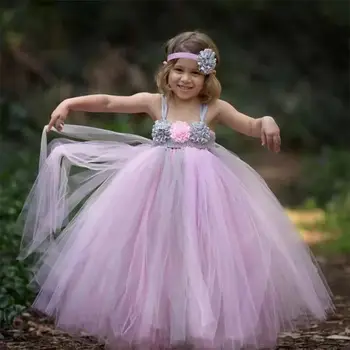 Mielos mergaitės Rožinė pilka gėlė Tutu suknelė Vaikų nėrimas Tiulio suknelė Rutulinis chalatas su dirželiu ir galvos juosta Vaikų vakarėlio kostiuminės suknelės
