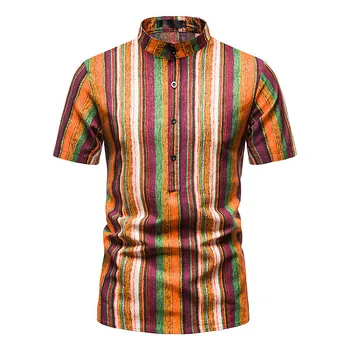 Etninio stiliaus vintažiniai spalvingi dryžuoti marškiniai 2023Summer New Trendyol Oversized Vyriški marškinėliai trumpomis rankovėmis Megztiniai Camisas De Hombre