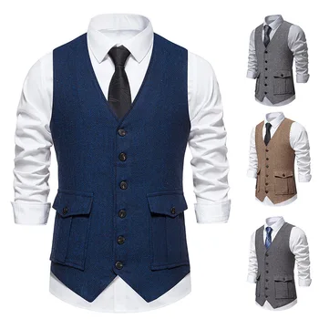 European Men's Vest Herringbone Pattern Single Breasted Three-dimensional Pocket V-neck Casual Suit-vest Comuting Work Waiscoat