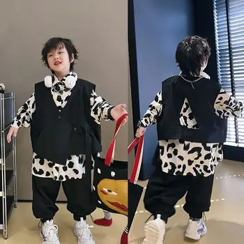 Fashion Boys Drabužiai Pavasario rudens medvilnė Laisva liemenė+ Marškiniai 2piece komplektas Korėjietiška versija Liemenė Hip Hop Nauja mada Gražuolė