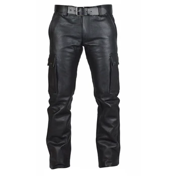 Men Punk PU odinės tiesios kelnės Slim Fit motociklo kelnės Gražus vyriškas Treedy Streetwear Laisvalaikio krovininės kelnės su kišene