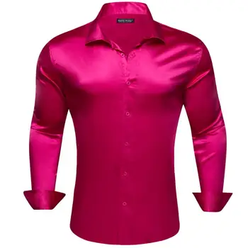 Dizaineris Vyriški marškiniai Šilkas Mercerized Solid Satin Magneta Raudona ilgomis rankovėmis Casual Business Slim Fit Vyriškos palaidinės Tops Barry Wang