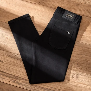 Pure Black Jeans Vyriški liesi universalūs lengvi prabangūs gatvės aukštos klasės Europos prekių mados prekės ženklas Slim Casual Pants