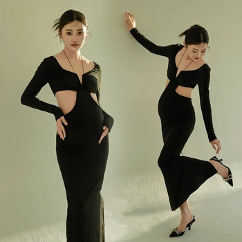 Tuščiaviduriai nėščiųjų fotografijos rekvizitai Suknelė Baby Shower Slim Halterneck Style Juodos moteriškos seksualios motinystės suknelės fotosesijai