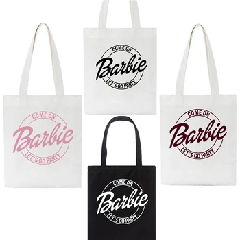 Cartoon Versatile Barbie Printed White Canvas Bag Shoulder Handbag Students Shopping Anime Girls Accessories Large-capacity