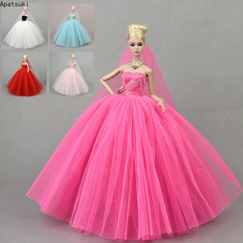 Aukštos kokybės spalvinga vestuvinė suknelė Barbei lėlės nuotakos drabužiai Princesės vakarėlio suknelė Suknelės su šydu Apranga 1/6 aksesuarai