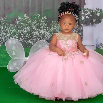 Princess Pink Flower Girl suknelės Vestuviniai nėriniai Tiulis Tiulis Kaklo rutulinis chalatas Maži vaikai Gimtadienio šventės suknelė Pirmosios komunijos drabužiai