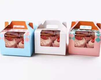 3 spalvų Popierinė keksiukų dėžutė su langu 4 skylės Torto keksiukų pakavimo dėžutės Vestuvių gimtadienio konditerijos dovanų laikiklio rankena SN2730