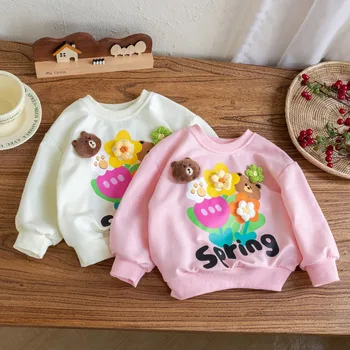 Vaikiški drabužiai Kids Autumn Clothes 2023 New Girl Korean Edition Kūdikių gobtuvai ilgomis rankovėmis megztiniai Sweet Girl Top drabužiai vaikui