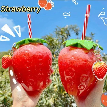 Summer Cute Strawberry Straw Water Bottle Milk Coffee Straw Cup for Home Waterbottle with strawwater bottle for girls 500ML