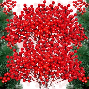 1-12 Šakos su 30 galvučių Dirbtinės uogos Šakinės gėlės Puokštė Raudona Holly Uoga Kuokelių augalai Kalėdinio vakarėlio namų dekoras