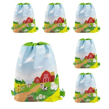 1/2/3/4PCS Farm String Bags 14.56''x10.23'' Candy Animals Tema Dovanų krepšys gimtadienio vaikams Vakarėlis Karvė Spausdinti Teminis vakarėlis Favor