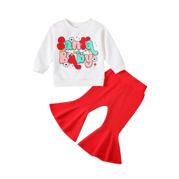 Mažylių mergaičių 2 dalių apranga Kalėdinio laiško spausdinimas Džemperis ilgomis rankovėmis ir elastinės flare kelnės Komplektas Mieli drabužiai