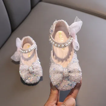 2023 Rudens naujos lankos merginos Princesės odiniai batai Laisvalaikio kūdikių vaikų butai Perlas Blizgučiai Kalnų krištolas Studentų šokių spektaklio batai