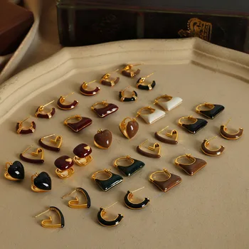 ALLNEWME Prancūziški keli spalvingi emalio širdies kvadrato C formos lanko auskarai moterims Titano plieno auksas PVD padengti papuošalai