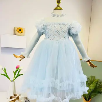 Merginos Laisvalaikio suknelės Naujas pavasaris Ruduo Tinkliniai siūlai Gėlių kraštas Blizgučiai Tinkliniai verpalai Princesė Saldus pūkuotas sijonas