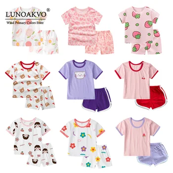 Lunoakvo Baby Girls Medvilniniai kostiumai trumpomis rankovėmis Naujagimiams Vasaros drabužių rinkiniai Animacinių filmų topai+Kieti šortai Madingi drabužiai