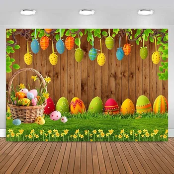 Medinė siena Velykų fotografija Fonas Spalvingi kiaušiniai Pievų gėlių fonas Pavasarinė ruda kaimiška vaikams Reklamjuostės dekoravimas