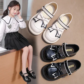 Mergaičių odiniai batai vaikams Vestuvinė suknelė Princesė Mokykliniai batai Vaikai Vasaros lankas-mazgas Juodi studentų sandalai Korėjiečių mada