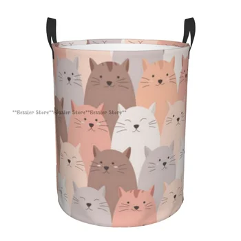 Sulankstomas skalbinių krepšys Mieli kačių veidai su ūsais Apvali daiktadėžė didelė kliūtis Sulankstomi drabužiai Kibiro organizatorius