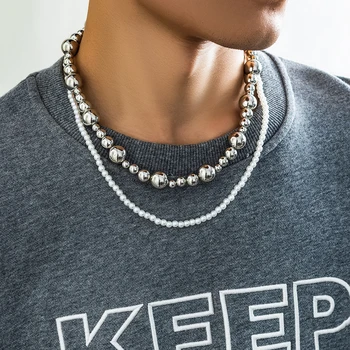 Big CCB Ball and Imitation Pearl Beads Choker Necklace for Men Trendy Beaded Chains Collar Neck Accessories 2023 Fashion Jewelry