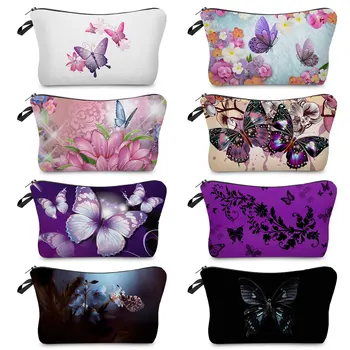 Art Design Zipper makiažo krepšiai Moterys Pretty Butterfly Atspausdinti kosmetikos krepšiai Nešiojami tualeto reikmenų krepšiai Individualizuota mada Paplūdimio kelionės