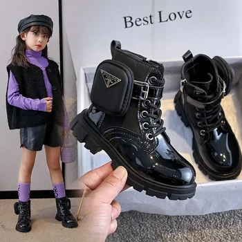 Vaikiški batai Mada Lakuotos odos mergaičių batai Britiško stiliaus kulkšnies batai Šilti pliušiniai sniego batai Neperšlampami neslystantys vaikiški batai