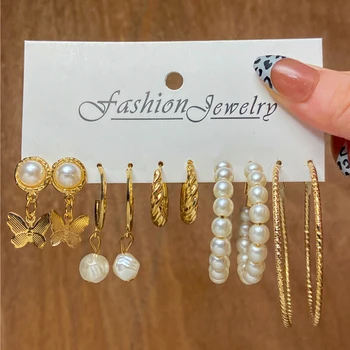 Bohemijos drugelio perlų lankų auskarų rinkinys moterims Vintažinis aukso spalvos geometrinis apskritimas Auskarai Mada Madingos papuošalų dovanos