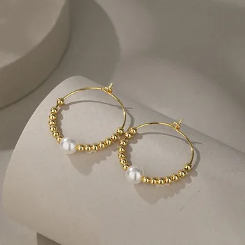 Minimalistiniai karoliukais perlų lankų auskarai moterims Temperamentas Metaliniai rutuliniai apskritimai Universalūs punk Y2K aksesuarai Madingi papuošalai