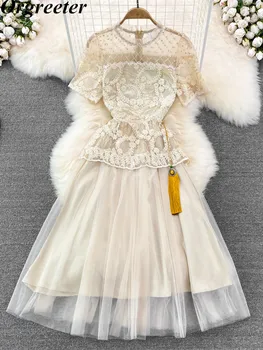 HFashion Vintage Design tinklinė suknelė moterims 2022 m. vasaros naujas nėrinių siuvinėjimas Patchwork Tassel Vestido Midi vakarėlio suknelė