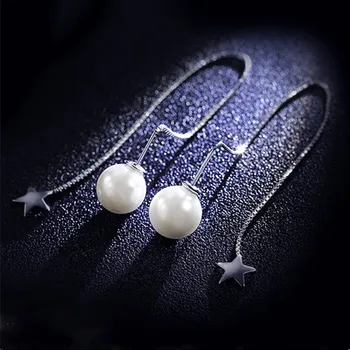 Nauji elegantiški perlų auskarų imitacijos auskarai Ausų linija moterims Vestuvės Punk žvaigždė Sidabrinė spalva Ilgas kutas Kabantis Baras Pareiškimas Papuošalai