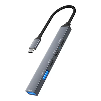 Nešiojamas USB C šakotuvas 5Gbps greitis, 5 in 1 C tipo adapteris PD 100W duomenų perdavimas J60A