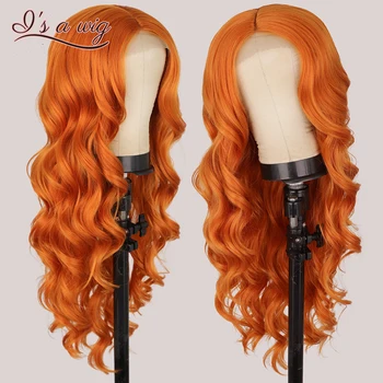 Aš esu perukas Ilgas kūno banga Imbieras Oranžiniai perukai Sintetiniai nėrinių perukai moterims Paryškinkite juodai rudą Vidurinės dalies peruką Cosplay plaukai
