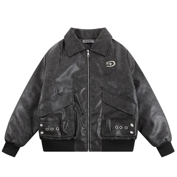 Hip Hop Harajuku Loose Warm Thick Parkas Coat Puffer Jacket Vintage 2023 Winter PU Leather Parkas Paminkštintos striukės Vyriški gatvės drabužiai