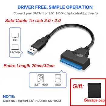 Usb Sata kabelis į USB 3.0 / 2.0 Kompiuterio kabeliai iki 6 Gbps 2,5 colio išoriniam HDD SSD standžiajam diskui 22 kontaktų adapteris į Sata III