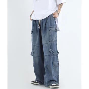 Vyriški Unisex gatvės drabužiai Hip Hop Vintage Kelnės American High Street Multi-pocket Loose Casual Wide Leg Denim Cargo Džinsinės kelnės