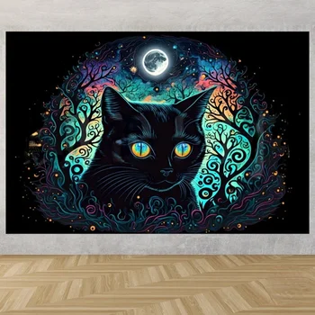 Raganos katės sieninis kabantis gobelenas, raganų sienų menas, Mėnulio sienų dekoro miegamasis, namų dekoras, kolegijos bendrabučio gobelenas