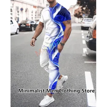 2023 Naujas vasarinių vyriškų kelnių sportinių kostiumų komplektas Sportinė apranga 3D Print Marškinėliai trumpomis rankovėmis +ilgos kelnės 2 dalių kostiumas Vyriška apranga Drabužiai