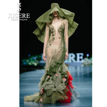 JUSERE MADŲ ŠOU Žalioji undinėlė Prom suknelė Nėrinių aplikacijos Siuvinėjimo gėlė Ilgos prom suknelės Suknelė chalatas de soiree