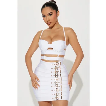 STOCK Fashion's Sexy Expose WaistWoman Set Hollow Out Short Spaghetti Strap Top And Blets Mini Sijonas 2 Pieces High Street Wear
